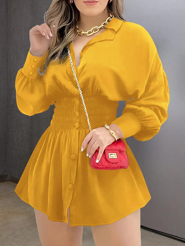 Essnce Trending Yellow Color Turn-Down Collar Button Lantern Sleeve Shirts Fall Women Clothes