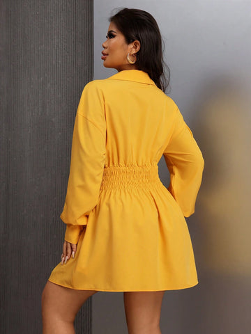 Essnce Trending Yellow Color Turn-Down Collar Button Lantern Sleeve Shirts Fall Women Clothes