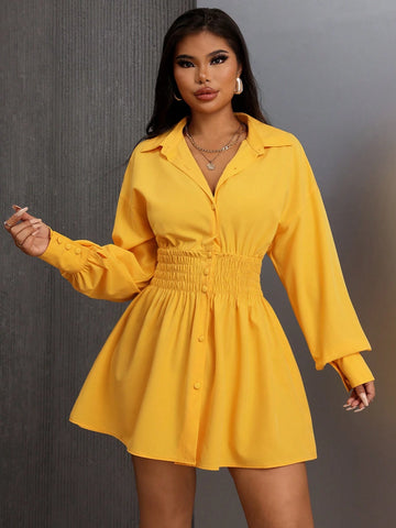 Essnce Trending Yellow Color Turn-Down Collar Button Lantern Sleeve Shirts Fall Women Clothes