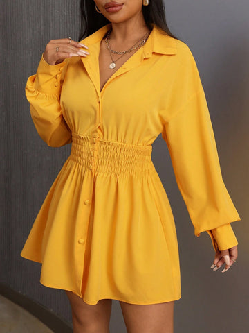 Essnce Trending Yellow Color Turn-Down Collar Button Lantern Sleeve Shirts Fall Women Clothes