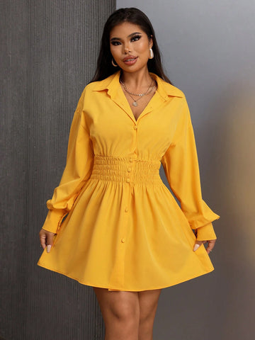 Essnce Trending Yellow Color Turn-Down Collar Button Lantern Sleeve Shirts Fall Women Clothes
