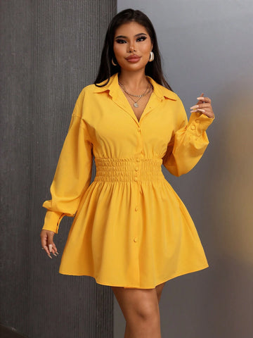 Essnce Trending Yellow Color Turn-Down Collar Button Lantern Sleeve Shirts Fall Women Clothes