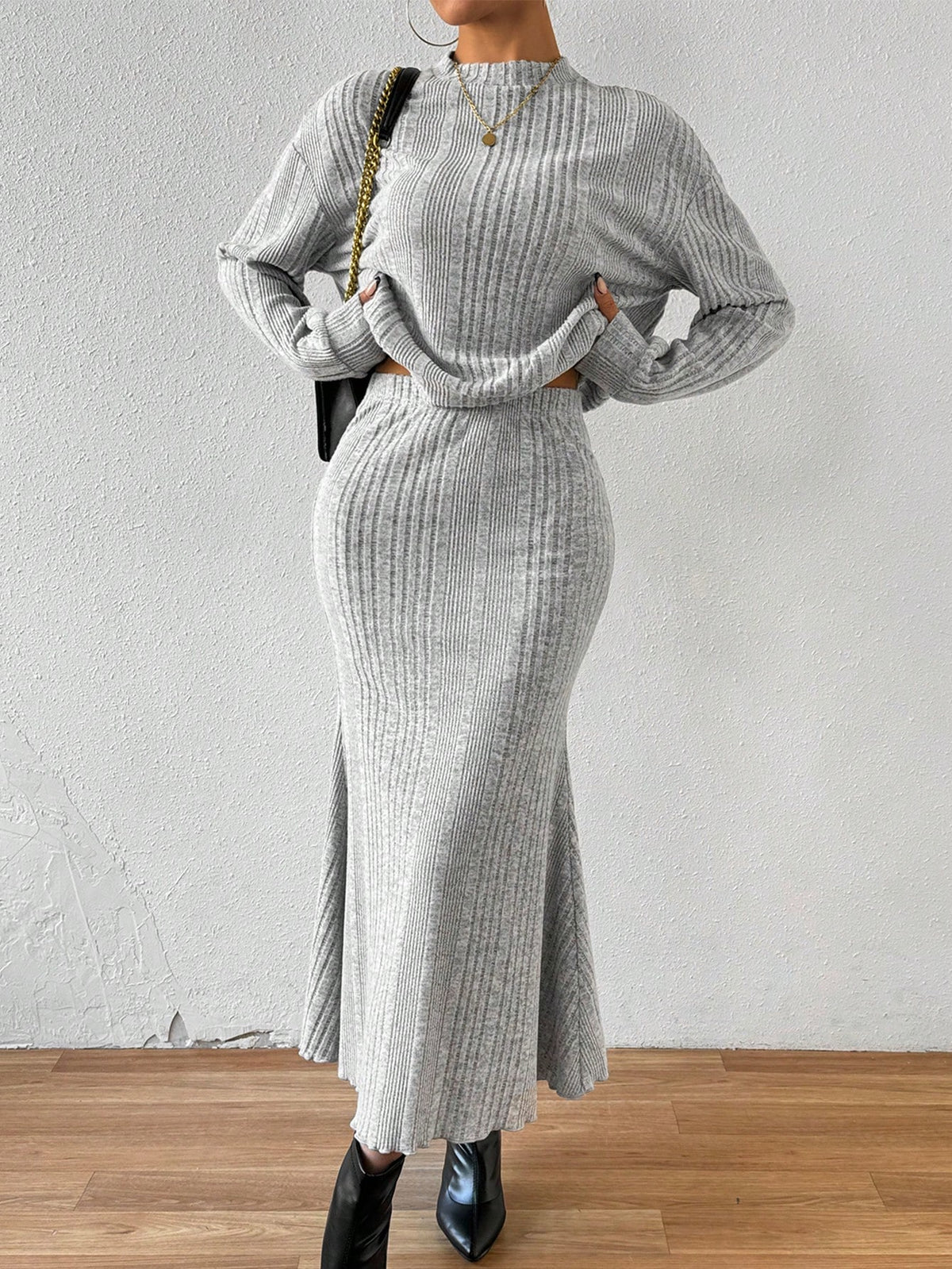 Turtleneck Long Sleeve Ribbed Knit Top And Skirt Set
