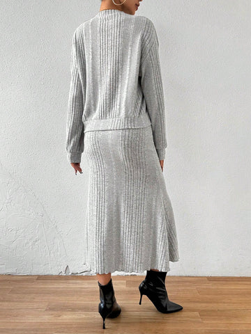 Turtleneck Long Sleeve Ribbed Knit Top And Skirt Set