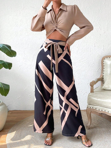 Twist Front Crop Top & Geo Print Wide Leg Pants