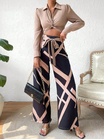 Twist Front Crop Top & Geo Print Wide Leg Pants