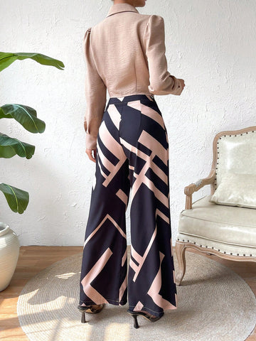 Twist Front Crop Top & Geo Print Wide Leg Pants