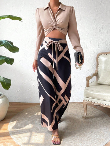 Twist Front Crop Top & Geo Print Wide Leg Pants