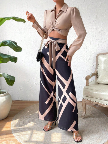Twist Front Crop Top & Geo Print Wide Leg Pants