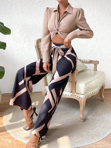 Twist Front Crop Top & Geo Print Wide Leg Pants