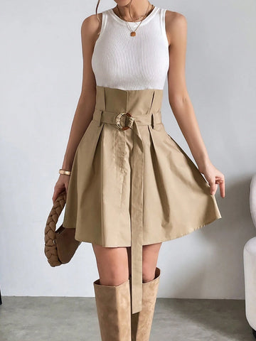 Essnce Two Tone Fold Pleated Detail Belted Skirt