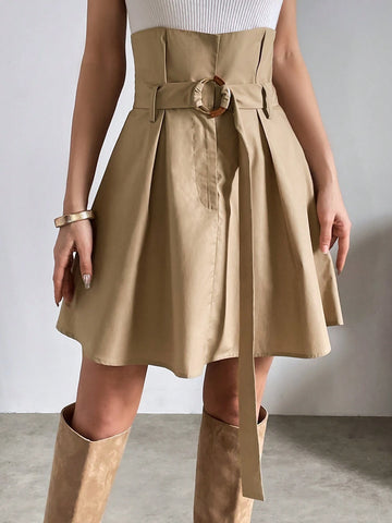 Essnce Two Tone Fold Pleated Detail Belted Skirt