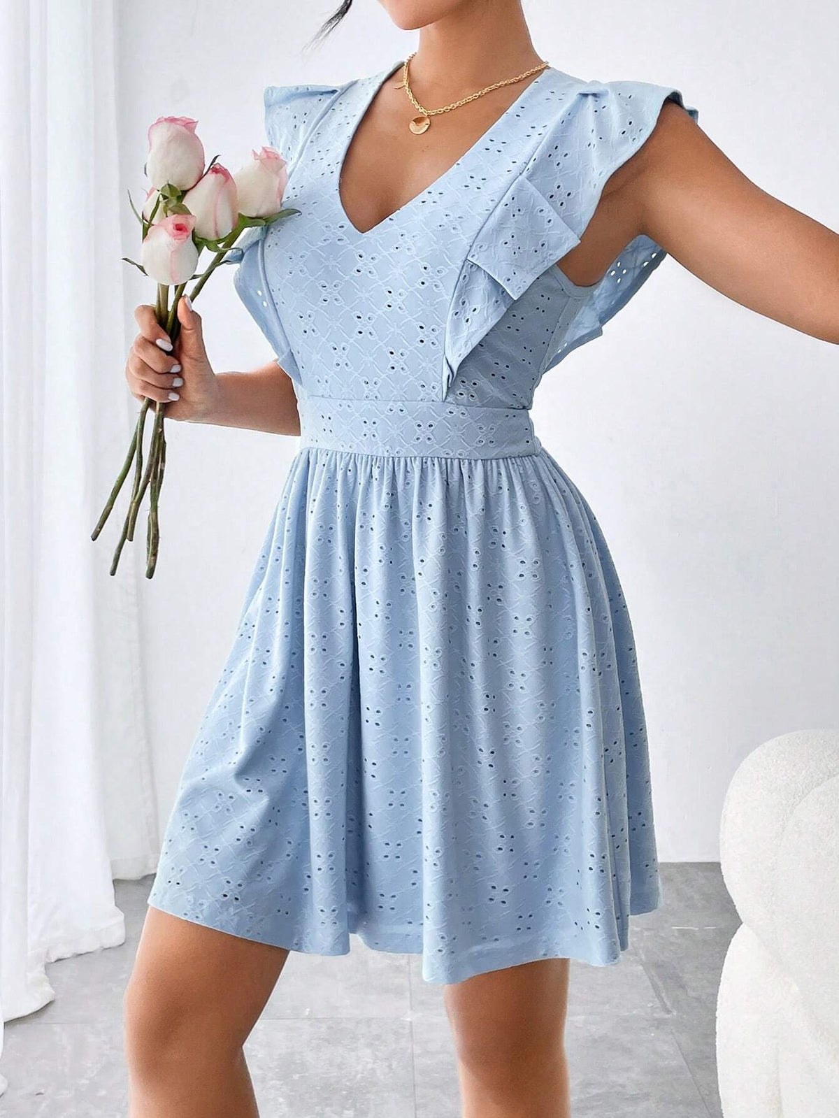 V-Neck Hollow Out Embroidery Decor Belted Ruffle Trimmed Dress #Easter