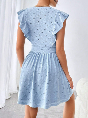 V-Neck Hollow Out Embroidery Decor Belted Ruffle Trimmed Dress #Easter