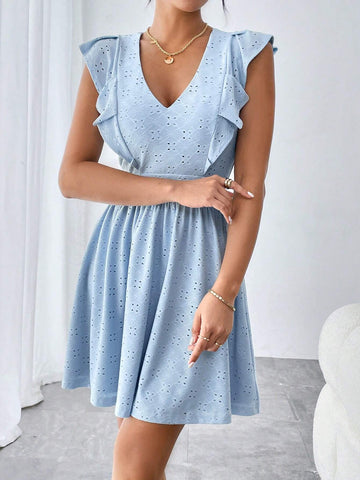 V-Neck Hollow Out Embroidery Decor Belted Ruffle Trimmed Dress #Easter