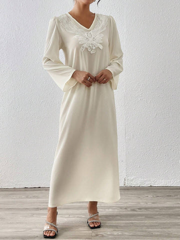 V-Neck Lace Patchwork Elegant Long Sleeve Dress With Rhinestones