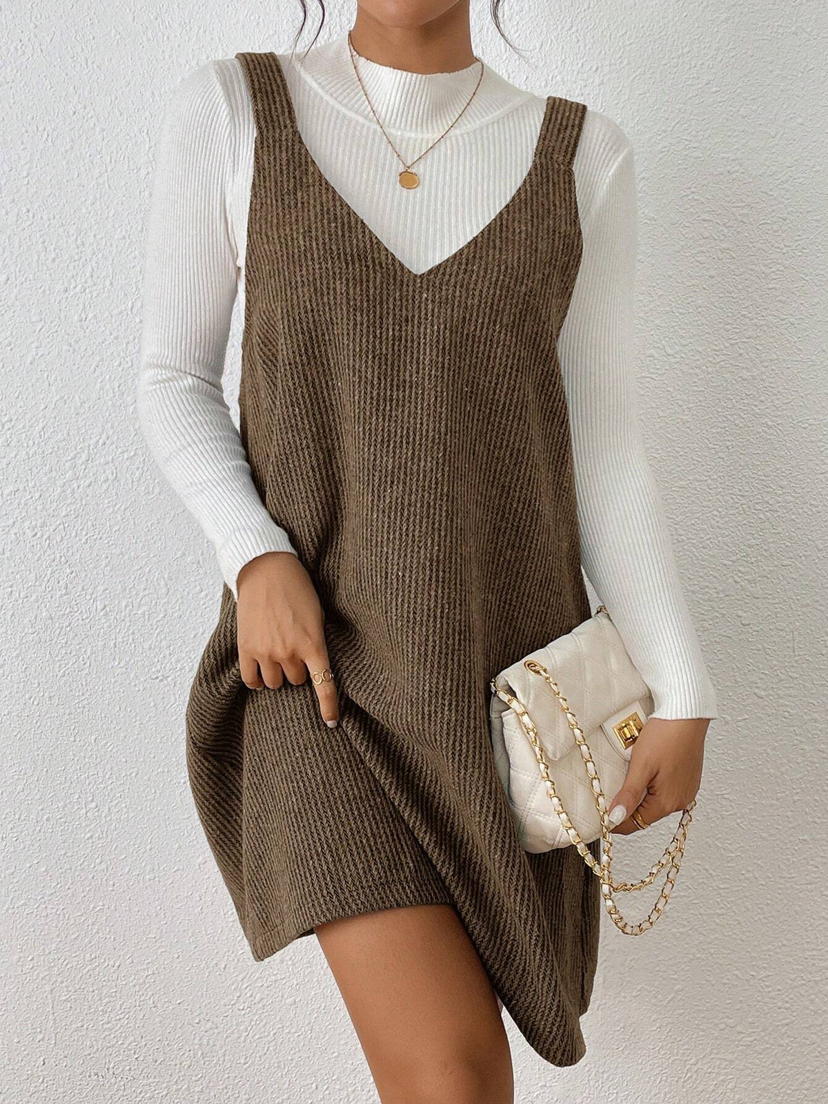 V-Neck Ribbed Sleeveless Corduroy Solid Color Dress