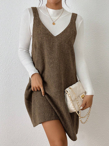 V-Neck Ribbed Sleeveless Corduroy Solid Color Dress