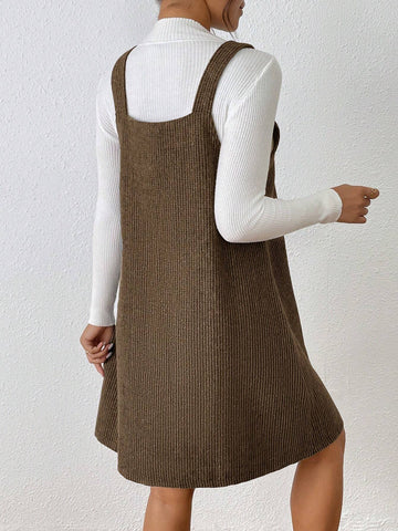 V-Neck Ribbed Sleeveless Corduroy Solid Color Dress