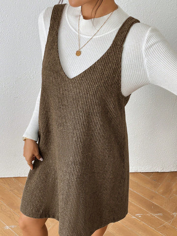 V-Neck Ribbed Sleeveless Corduroy Solid Color Dress