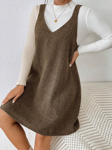 V-Neck Ribbed Sleeveless Corduroy Solid Color Dress