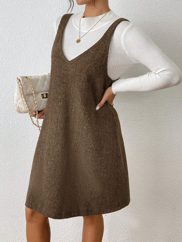 V-Neck Ribbed Sleeveless Corduroy Solid Color Dress