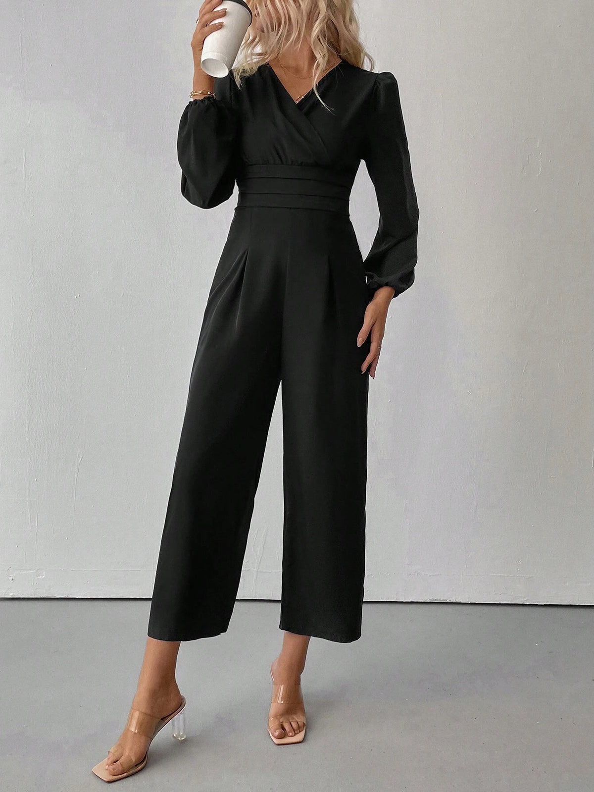 V-Neck Wrap Around Elegant Office Wear Long Sleeve Jumpsuit