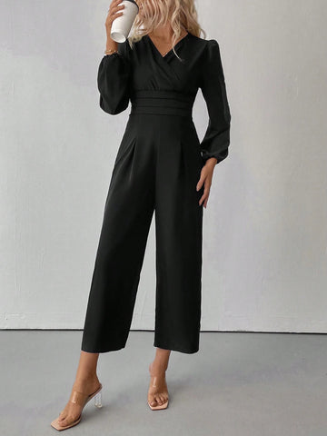 V-Neck Wrap Around Elegant Office Wear Long Sleeve Jumpsuit