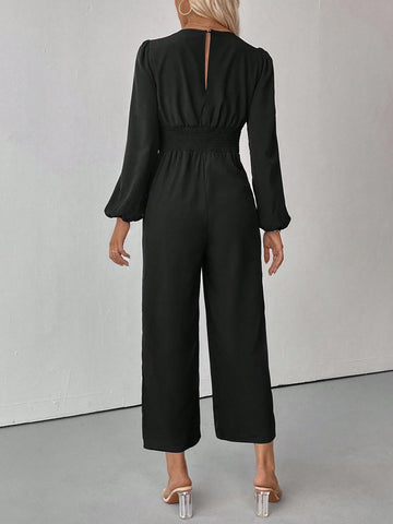 V-Neck Wrap Around Elegant Office Wear Long Sleeve Jumpsuit