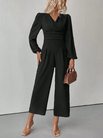 V-Neck Wrap Around Elegant Office Wear Long Sleeve Jumpsuit