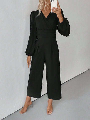 V-Neck Wrap Around Elegant Office Wear Long Sleeve Jumpsuit