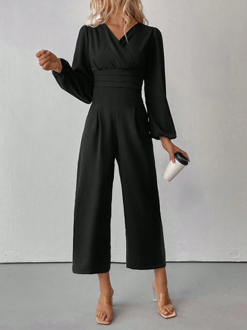 V-Neck Wrap Around Elegant Office Wear Long Sleeve Jumpsuit