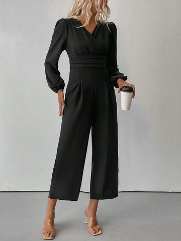 V-Neck Wrap Around Elegant Office Wear Long Sleeve Jumpsuit