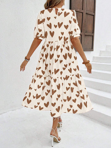 Vacation & Leisure Loose Doll-Printed Dress With Heart Pattern