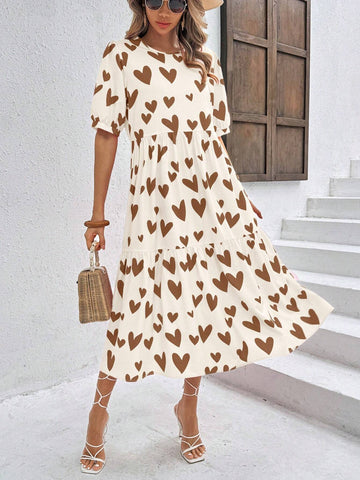 Vacation & Leisure Loose Doll-Printed Dress With Heart Pattern