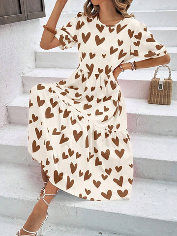 Vacation & Leisure Loose Doll-Printed Dress With Heart Pattern