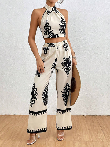 Vintage Print Halter Top And Straight-Leg Pants Set For Casual Holidays