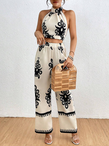 Vintage Print Halter Top And Straight-Leg Pants Set For Casual Holidays