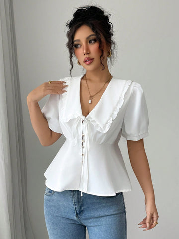 Essnce Vintage Puff Sleeve Sweetheart Collar Cute Short Shirt