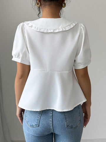 Essnce Vintage Puff Sleeve Sweetheart Collar Cute Short Shirt