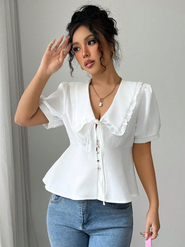 Essnce Vintage Puff Sleeve Sweetheart Collar Cute Short Shirt
