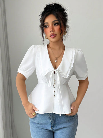 Essnce Vintage Puff Sleeve Sweetheart Collar Cute Short Shirt