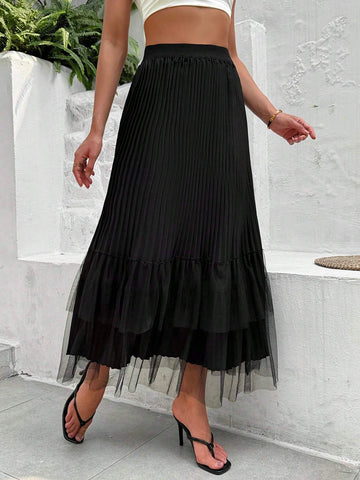 Essnce Vintage Women A-Line Mesh Splicing Loose High-Waist Skirt