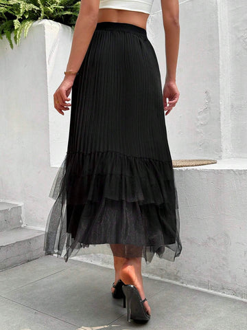 Essnce Vintage Women A-Line Mesh Splicing Loose High-Waist Skirt