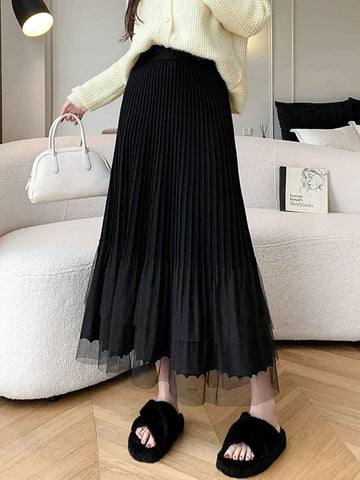 Essnce Vintage Women A-Line Mesh Splicing Loose High-Waist Skirt