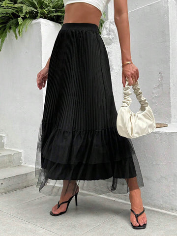 Essnce Vintage Women A-Line Mesh Splicing Loose High-Waist Skirt