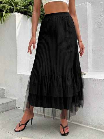 Essnce Vintage Women A-Line Mesh Splicing Loose High-Waist Skirt