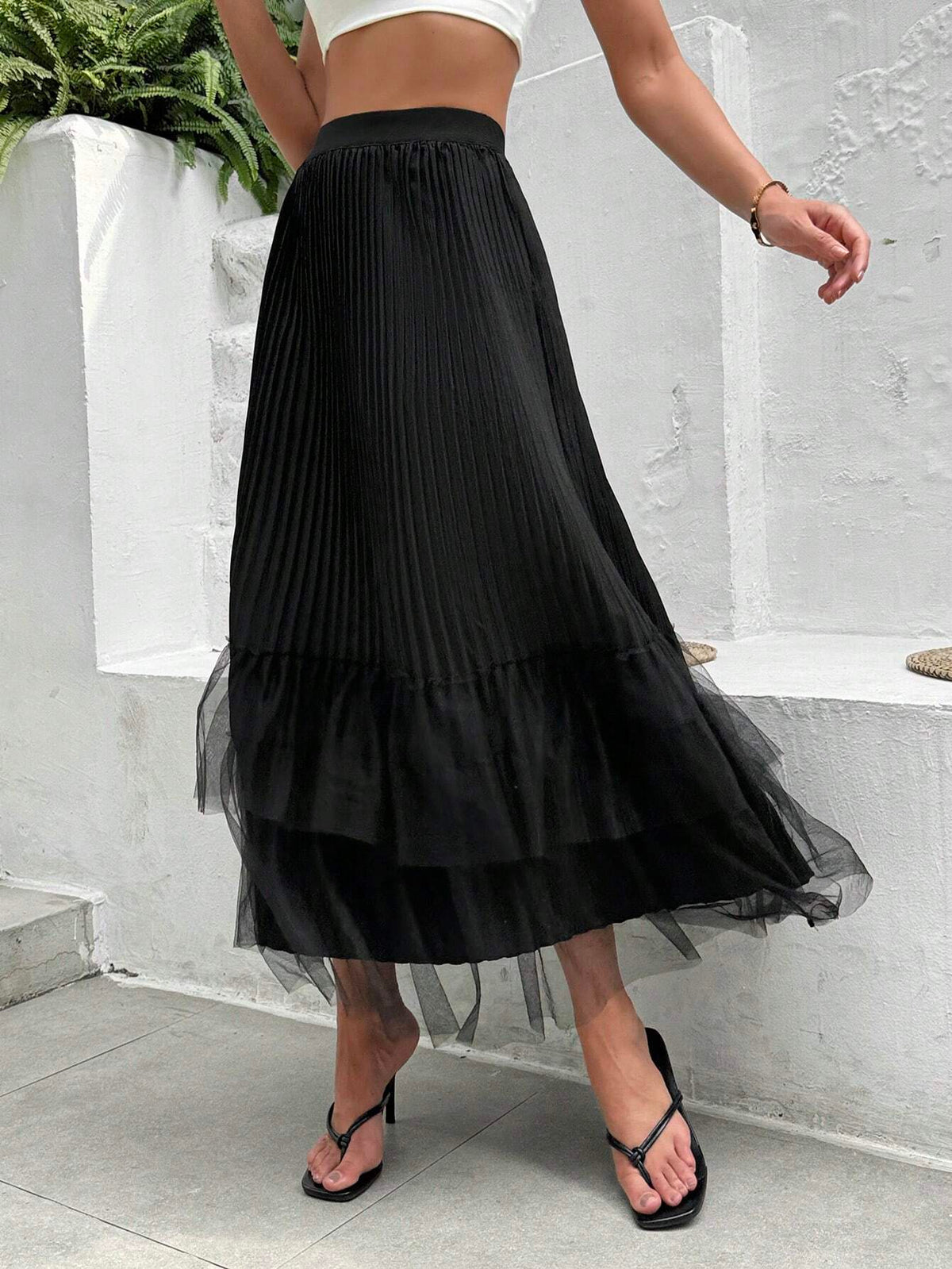 Essnce Vintage Women A-Line Mesh Splicing Loose High-Waist Skirt