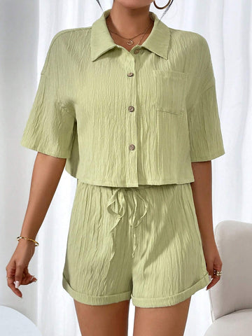 Wave Plunging Neckline Solid Color Shirt Shorts Set