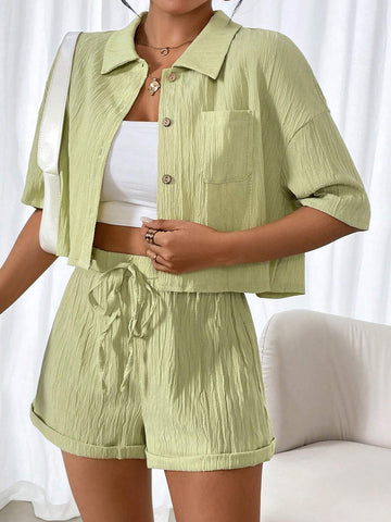 Wave Plunging Neckline Solid Color Shirt Shorts Set